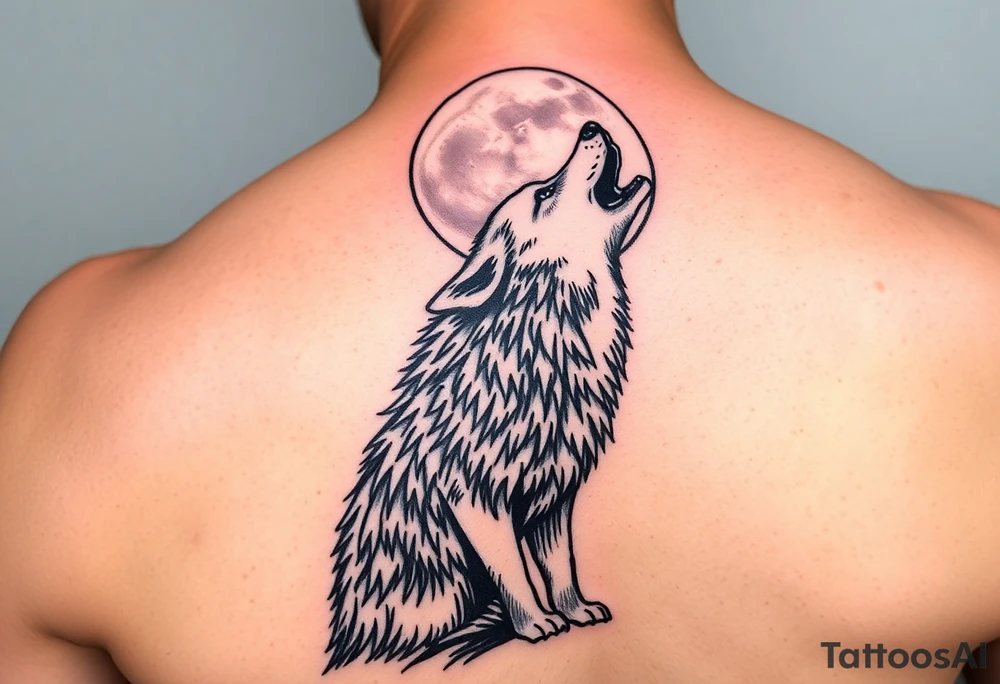 lone wolf howling at full moon with northern lights backdrop tattoo idea