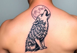 lone wolf howling at full moon with northern lights backdrop tattoo idea