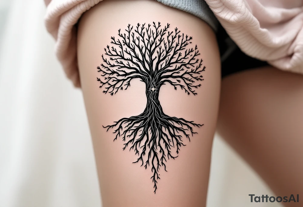 mystical tree of life with cosmic roots and celestial branches tattoo idea
