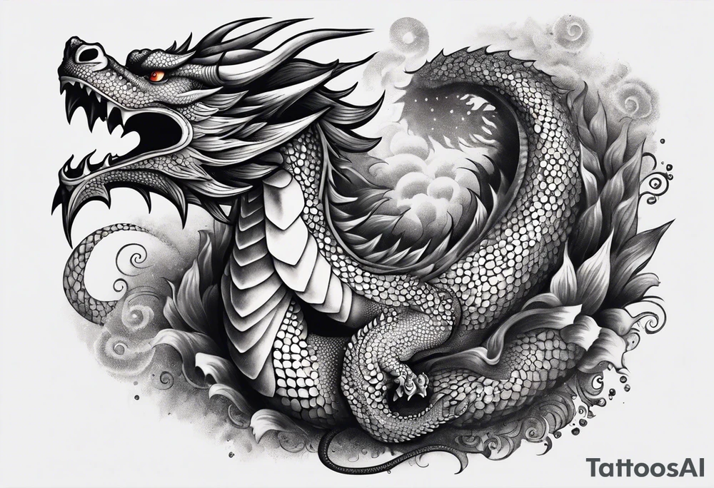 An ornate dragon breathing fire, with intricate scales and a fierce expression, symbolizing power and protection.” tattoo idea