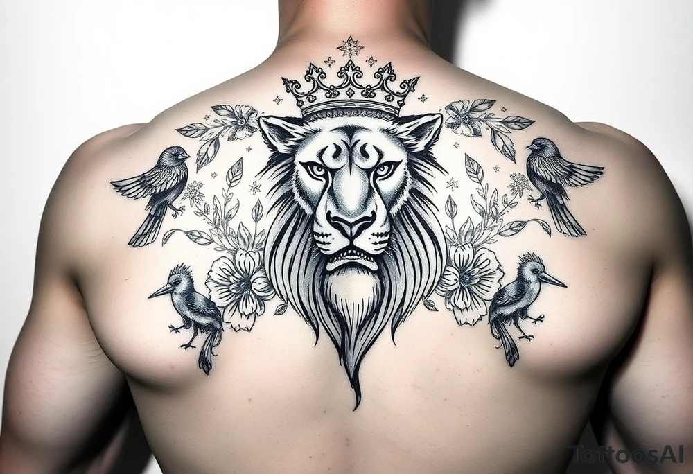 powerful majestic lion with a crown, surrounded by floral ornaments and birds tattoo idea