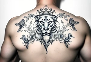 powerful majestic lion with a crown, surrounded by floral ornaments and birds tattoo idea