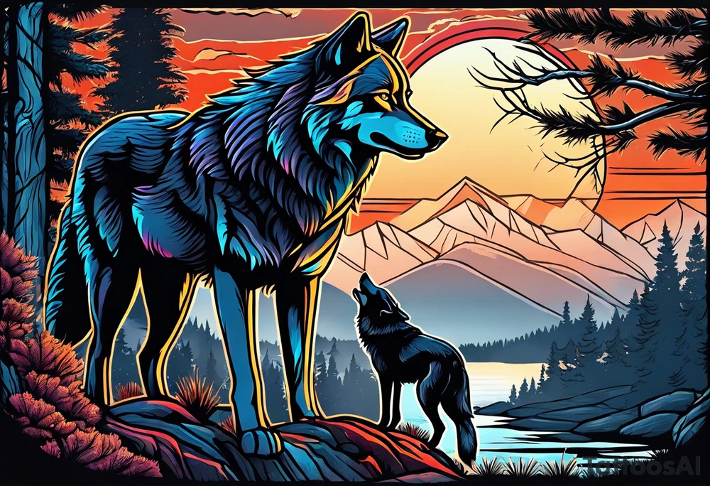 Wolves spouses
Dark woods
Mountains
Sunset tattoo idea