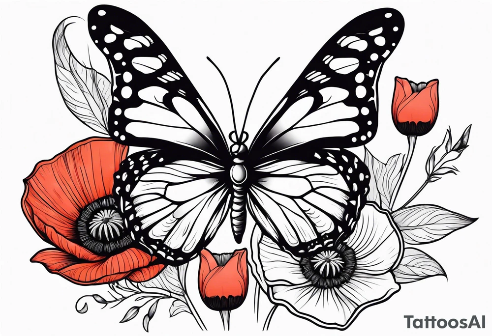 Butterfly with poppy flowers as the top wings tattoo idea