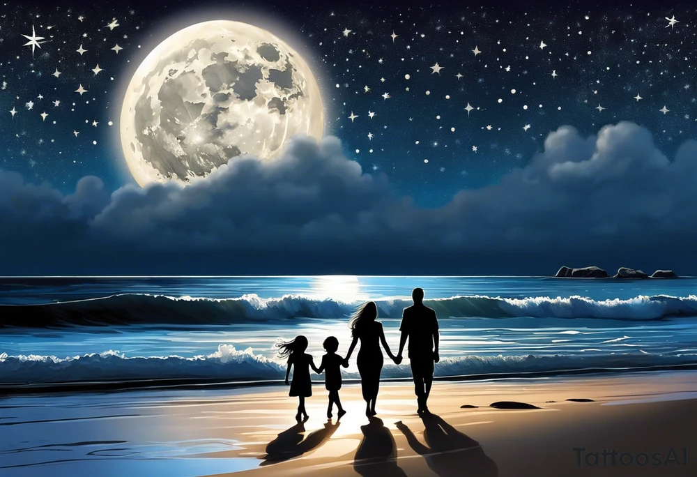 Create a stunning image of a realistic tattoo design that features a husband and wife holding hands, accompanied by their two children, walking along a beautiful beach. The moon shines radiantly in the night sky, illuminating the serene scene. Let your creativity flourish as you envision the intricate details that bring this tattoo to life, encapsulating the essence of love, family, and the awe-inspiring beauty of nature. tattoo idea