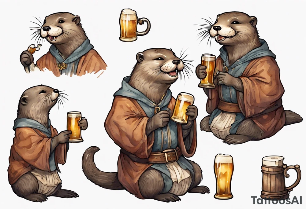 a medieval otter-human wearing a tunic and drinking from a pewter mug of beer in a tavern, laughing tattoo idea