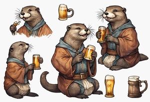 a medieval otter-human wearing a tunic and drinking from a pewter mug of beer in a tavern, laughing tattoo idea