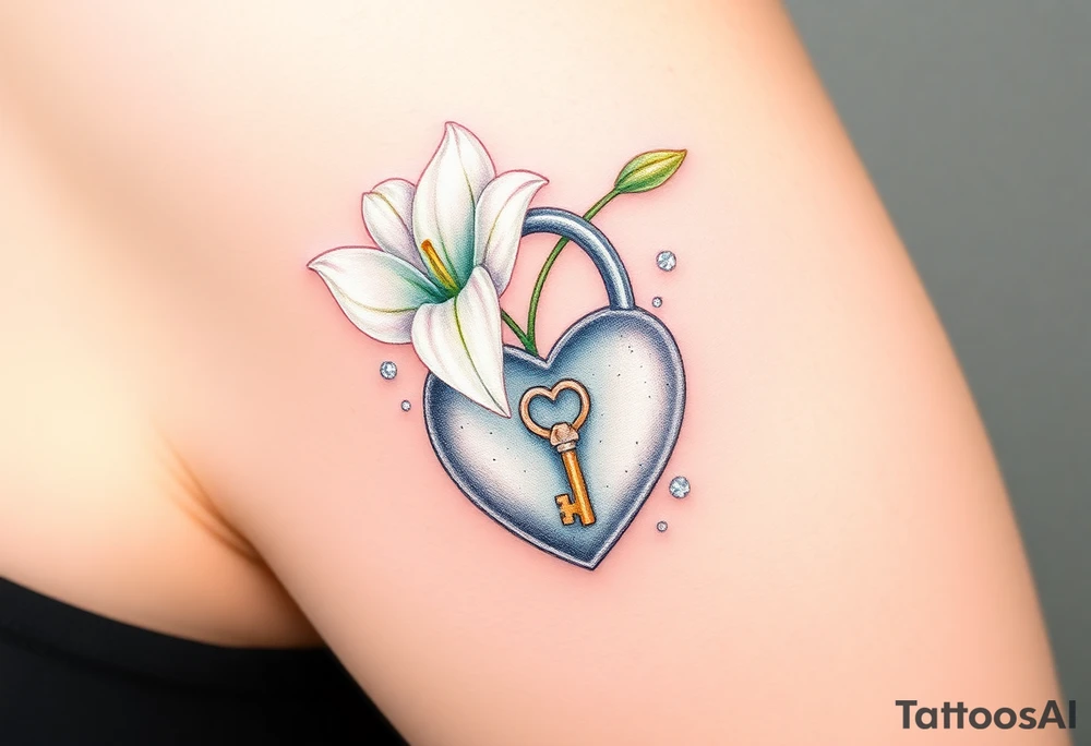 A delicate white lily growing around a silver heart-shaped lock, with a golden key embedded in the petals tattoo idea