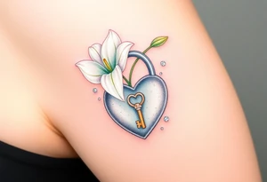 A delicate white lily growing around a silver heart-shaped lock, with a golden key embedded in the petals tattoo idea