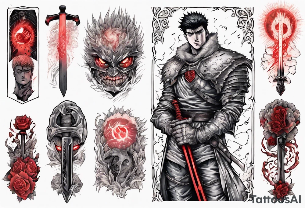 guts from berserk, griffith from berserk, busker sword, curse mark, red glowing elements, neotraditional style sleeve tattoo idea