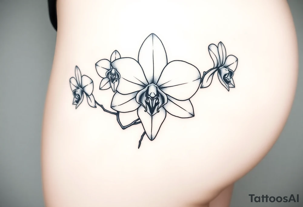 Draw of three fine line orchids different size realistic, the central part resembles a vagina. Are connected with branches tattoo idea