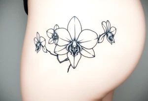 Draw of three fine line orchids different size realistic, the central part resembles a vagina. Are connected with branches tattoo idea