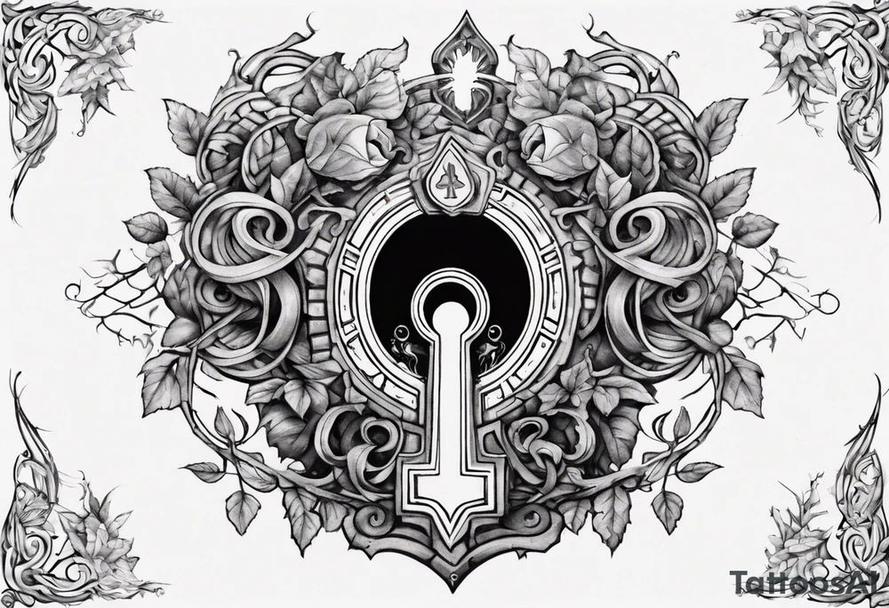 an intricate keyhole surrounded by elements like vines, and Inside the keyhole, incorporate personal symbols or imagery that hold significance to the individual. tattoo idea