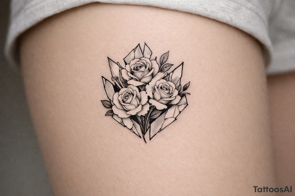 Roses blooming within jagged, shattered mirror shards, sharp edges. tattoo idea