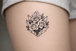 Roses blooming within jagged, shattered mirror shards, sharp edges. tattoo idea