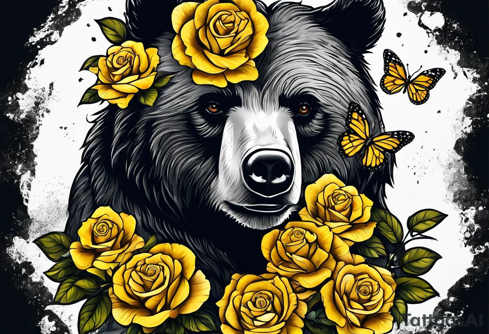 Bear under the tree of life with yellow roses and three butterflies for an upper arm tattoo. tattoo idea