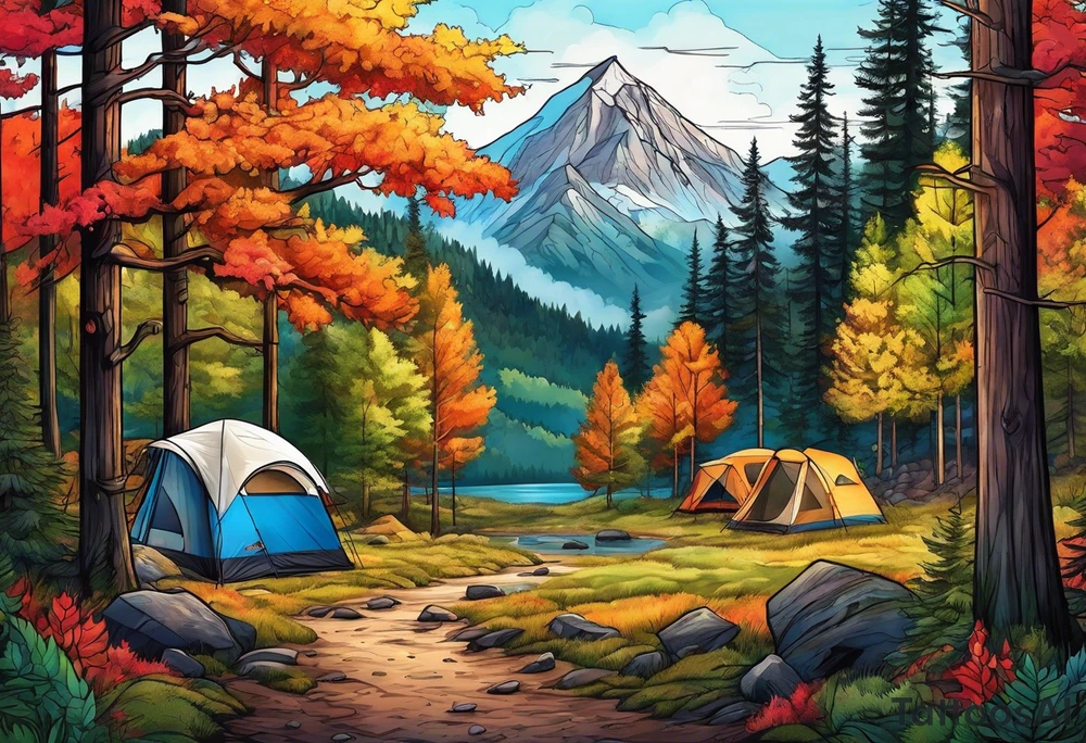 Camping in a colorful forest, adventure, large piece, nature, wildlife, wanderlust tattoo idea