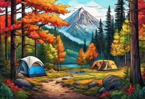 Camping in a colorful forest, adventure, large piece, nature, wildlife, wanderlust tattoo idea