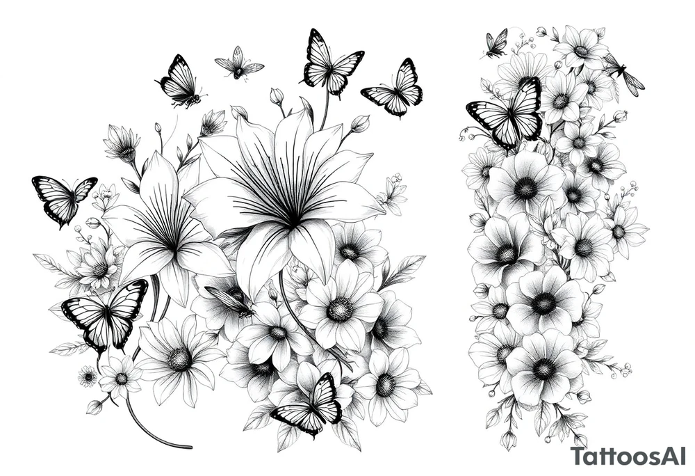 Calia Lily, rose, gadiolus, carnation,Narcissus,poppy, aster, violet ,chrysanthemum, lily of the valley and water lily sleeve on upper arm and shoulder  with butterfly’s and bumblebees and dragonflies tattoo idea