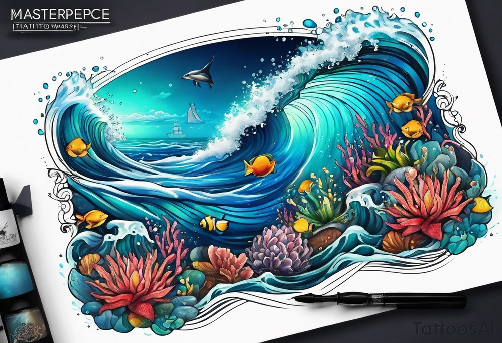 An ocean themed half sleeve with ONLY OCEAN WATER tattoo idea