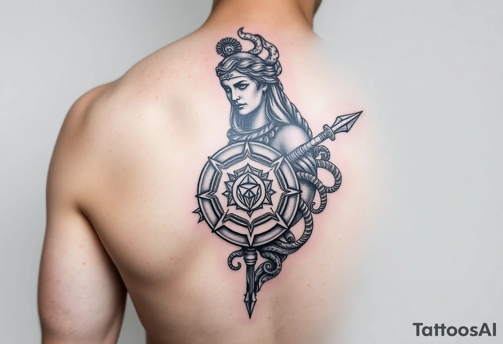 The goddess Athena with her Medusa shield and spear on right arm sleeve tattoo idea