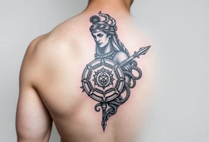 The goddess Athena with her Medusa shield and spear on right arm sleeve tattoo idea