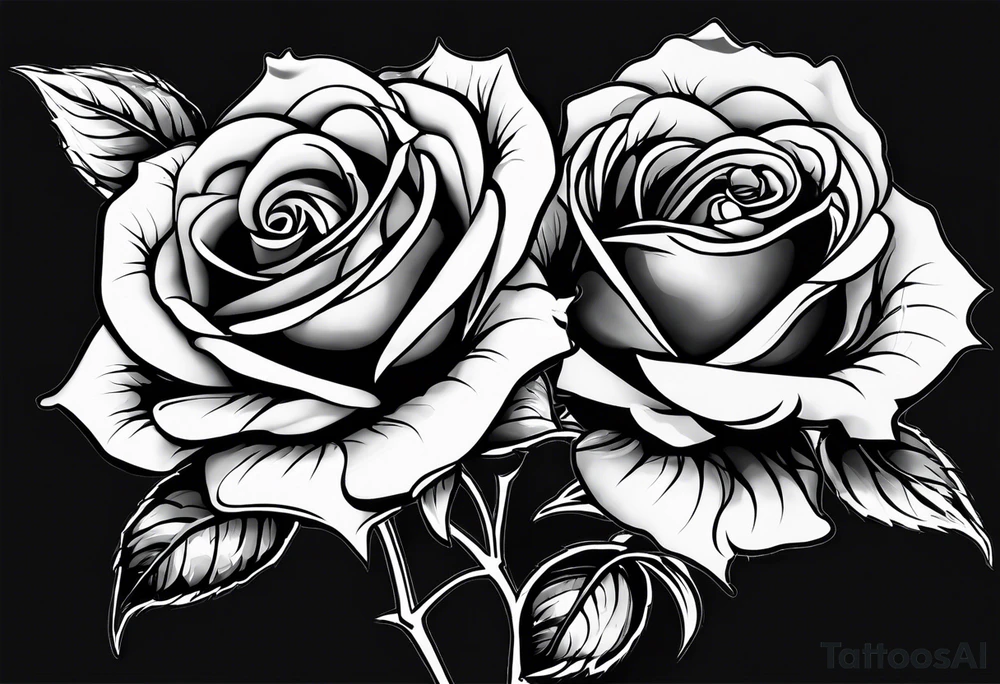 two roses with their stems intertwined, one rose should have thorns and only one main rose, the second rose should be thornless but have multiple flowers on it. I want a long stem to shower them intertwined tattoo idea