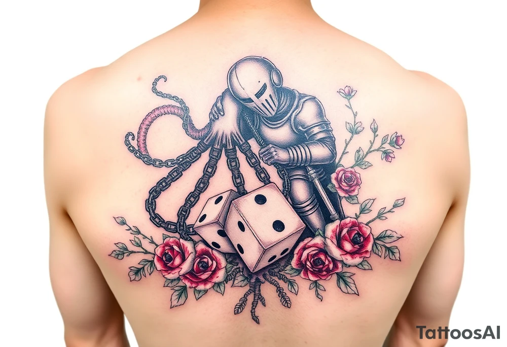squid and knight combined with chains, tree roots, cherry blossoms and roses rolling dice tattoo idea