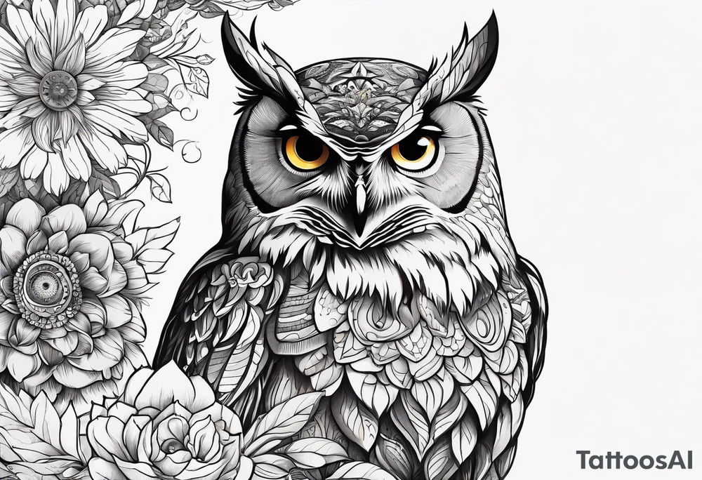 Flowers, colorful, horizontal, botanical, mandala background with owl in the middle tattoo idea