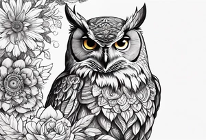 Flowers, colorful, horizontal, botanical, mandala background with owl in the middle tattoo idea