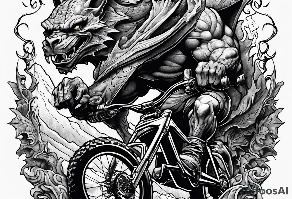 gargoyle riding a full suspension mountain bike tattoo idea