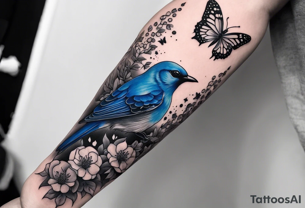 Rocky mountain peak with mountain blue birds and monarch butterflies with wild prairie roses for a half sleeve tattoo idea