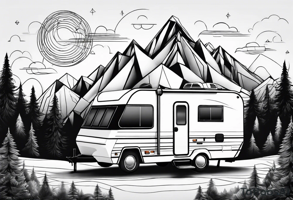 geometric mountains with an rv trailer
and trees tattoo idea