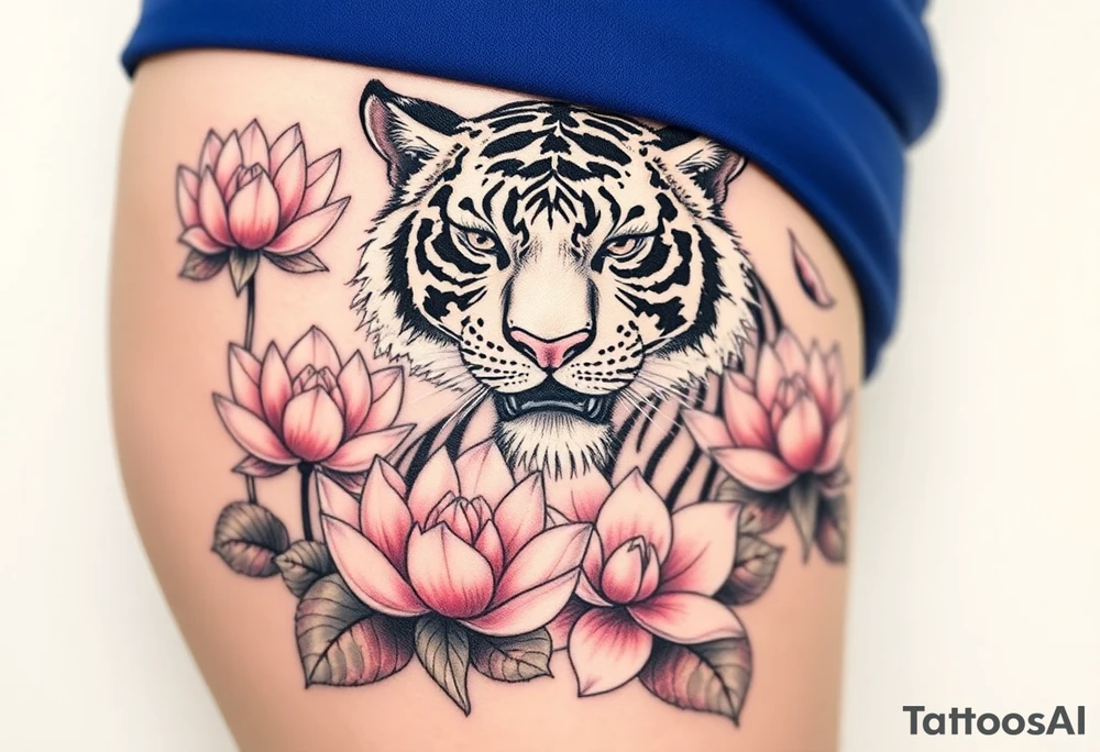 fierce tiger emerging through blooming lotus flowers in mist tattoo idea