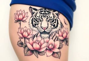 fierce tiger emerging through blooming lotus flowers in mist tattoo idea