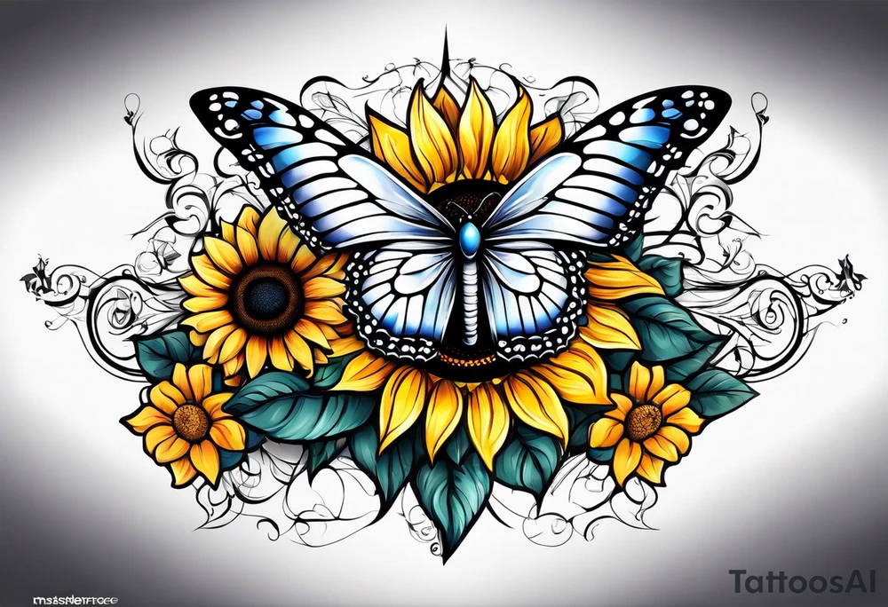Arm sleeve with Winged cross with sunflower and butterflies tattoo idea