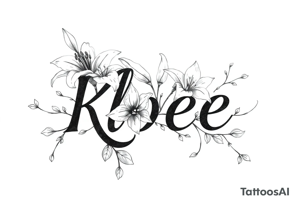 The word Kloee surrounded by big
lilies with the vines in letters tattoo idea