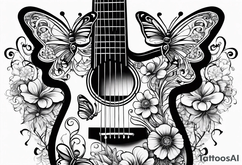 Guitar in shape of treble clef with flowers growing off the side, butterflies, small tattoo idea