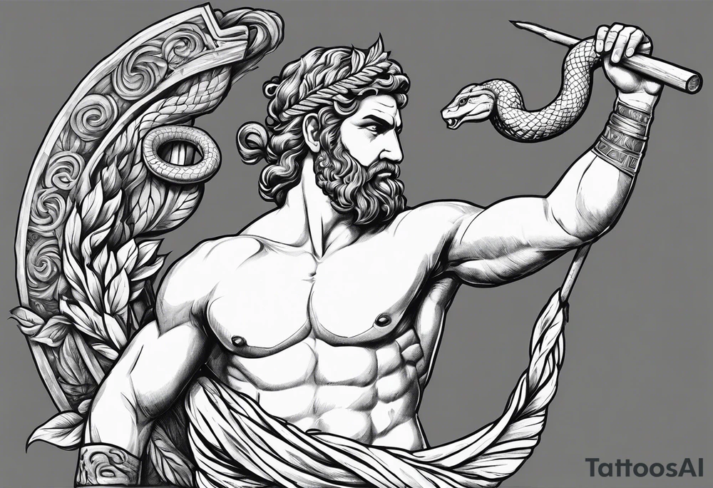 Naked Ascelpius with toga and with a wood stick with a coiled snake tattoo idea