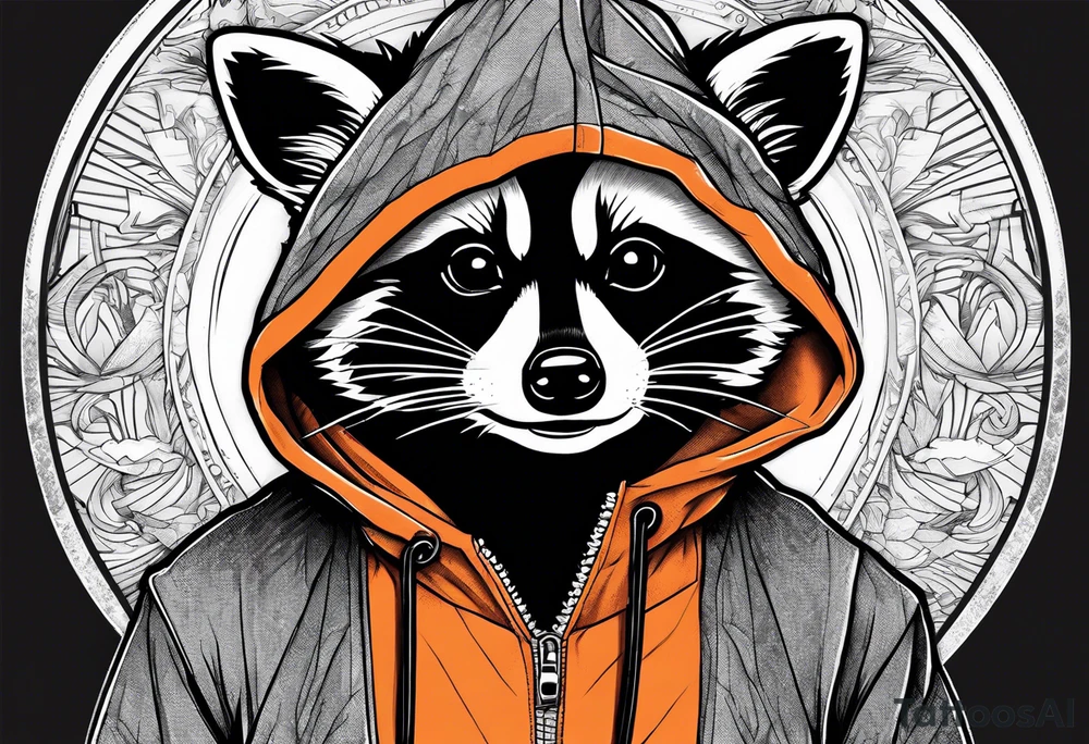 Raccoon wearing an orange Superman hoodie tattoo idea