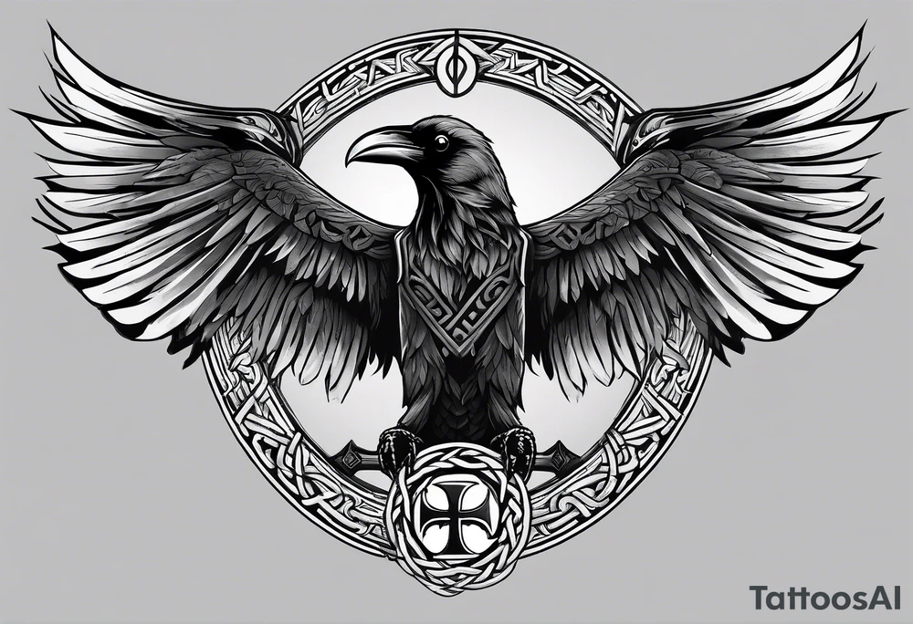 Black and white odins raven in a Norse rune style for placement on the neck with the ravens wings going up the sides of the neck. Norse knots and runes throughout tattoo idea