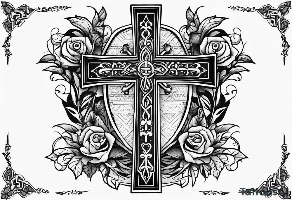 Cross with wording saying Loyalty Is Key in old English tattoo idea