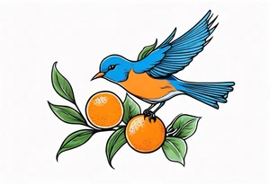 flying bluebird holding orange blossom branch tattoo idea
