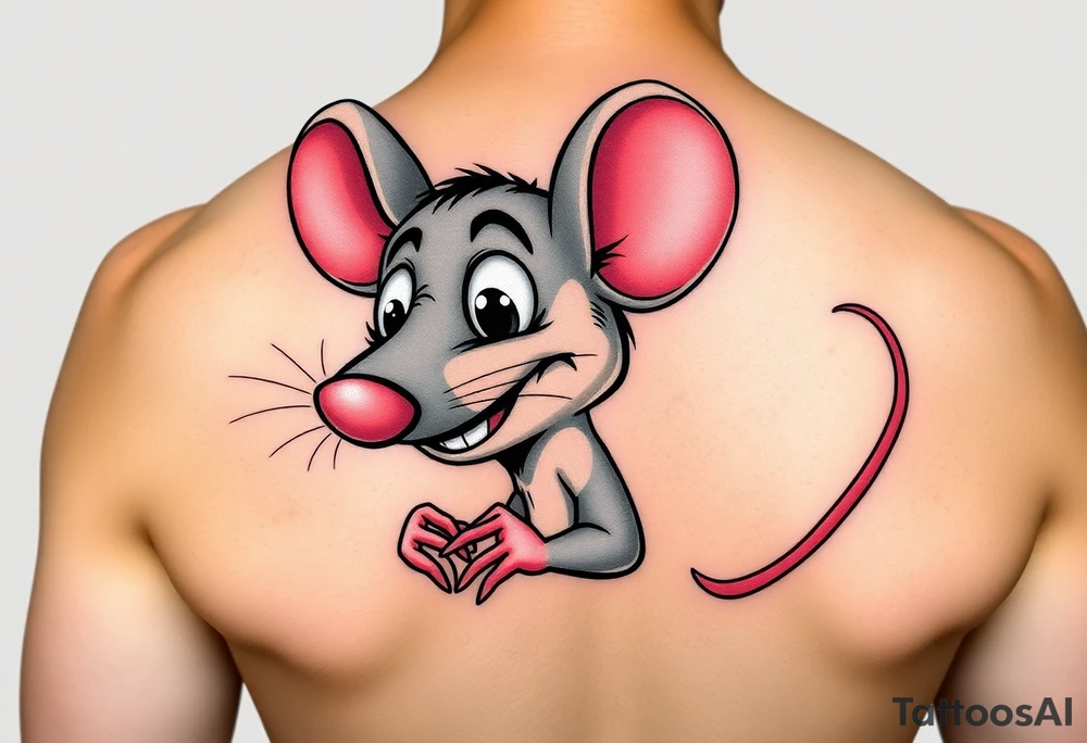 The image shows a cartoon rat with a long pointed nose, huge bulging eyes, and a cheeky, mischievous smile. The rat is grey with big pink ears and a thin pink tail visible on the right. Its little hands are held up close to its chest in a playful, sneaky pose. The expression makes the rat look funny, surprised, and a bit sly at the same time. tattoo idea