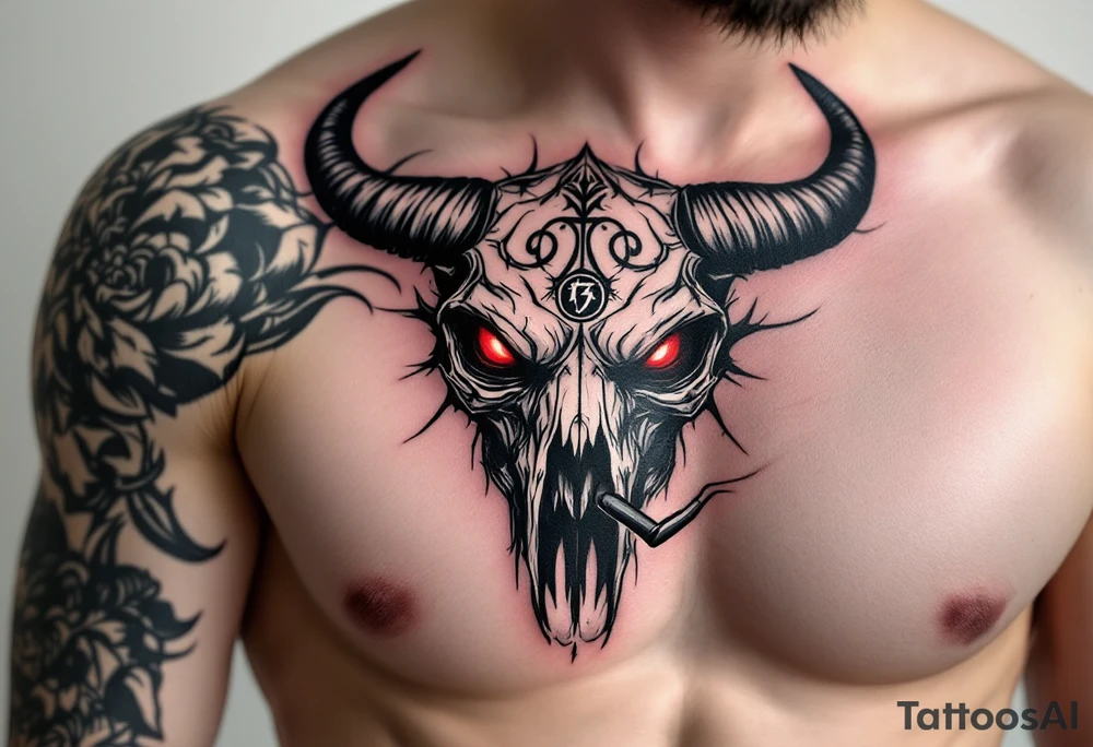 Abstract looking angry taurus skull chest tattoo with red eyes, taurus symbol in between eyes, smoking from the nose tattoo idea