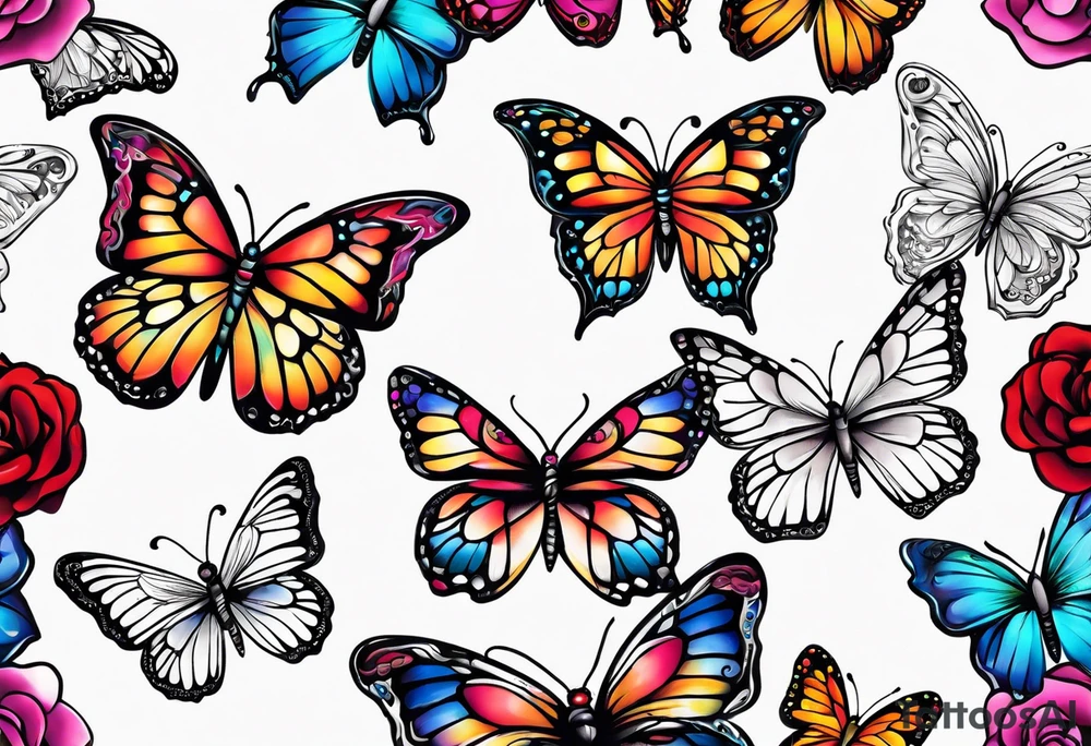 Sleeve with butterflies and colorful flowers tattoo idea