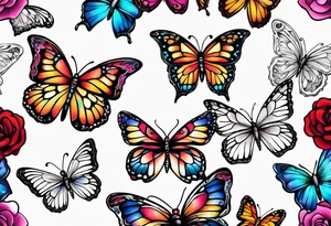 Sleeve with butterflies and colorful flowers tattoo idea