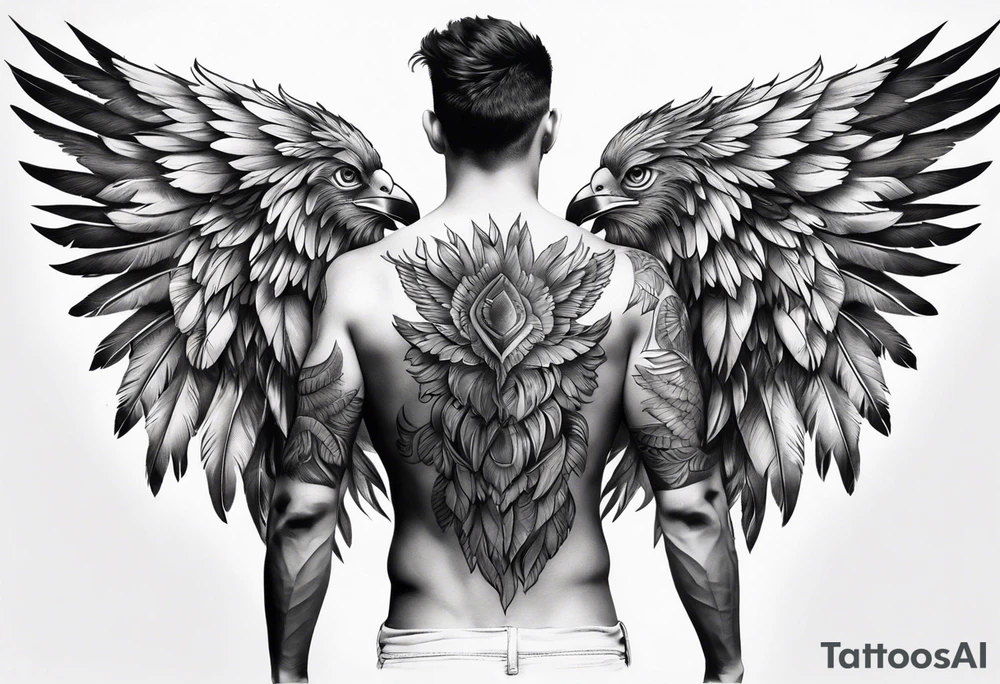 wings across male shoulders with detailed feathers, extending a few inches down each arm tattoo idea
