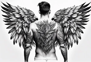 wings across male shoulders with detailed feathers, extending a few inches down each arm tattoo idea