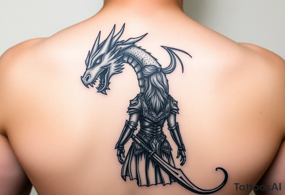 Dragon rider girl in armor standing before her dragon, touching its head tattoo idea